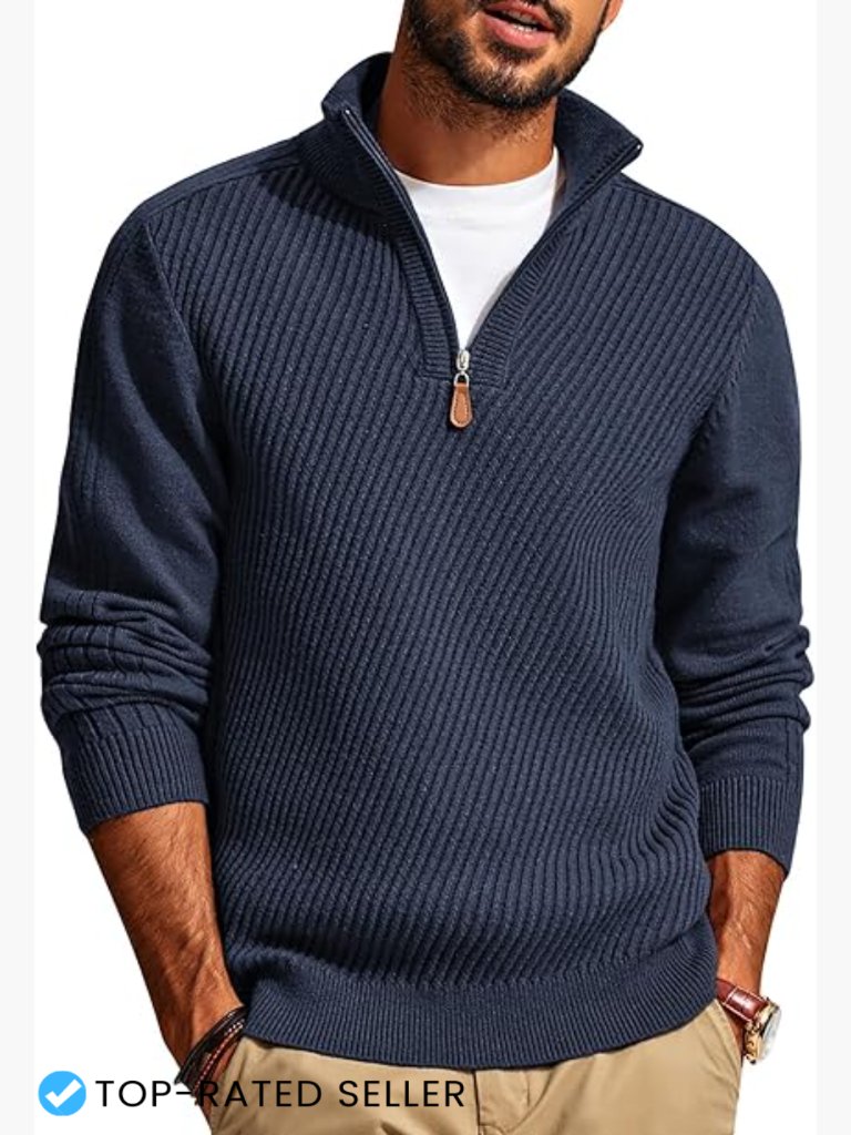 Quarter Zip Pullover Sweater Slim Fit Knit Texture Long Sleeve Casual
